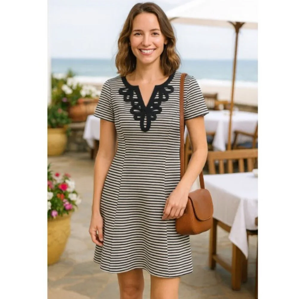 Talbots Navy & White Striped Embellished Dress - Picture 3 of 8